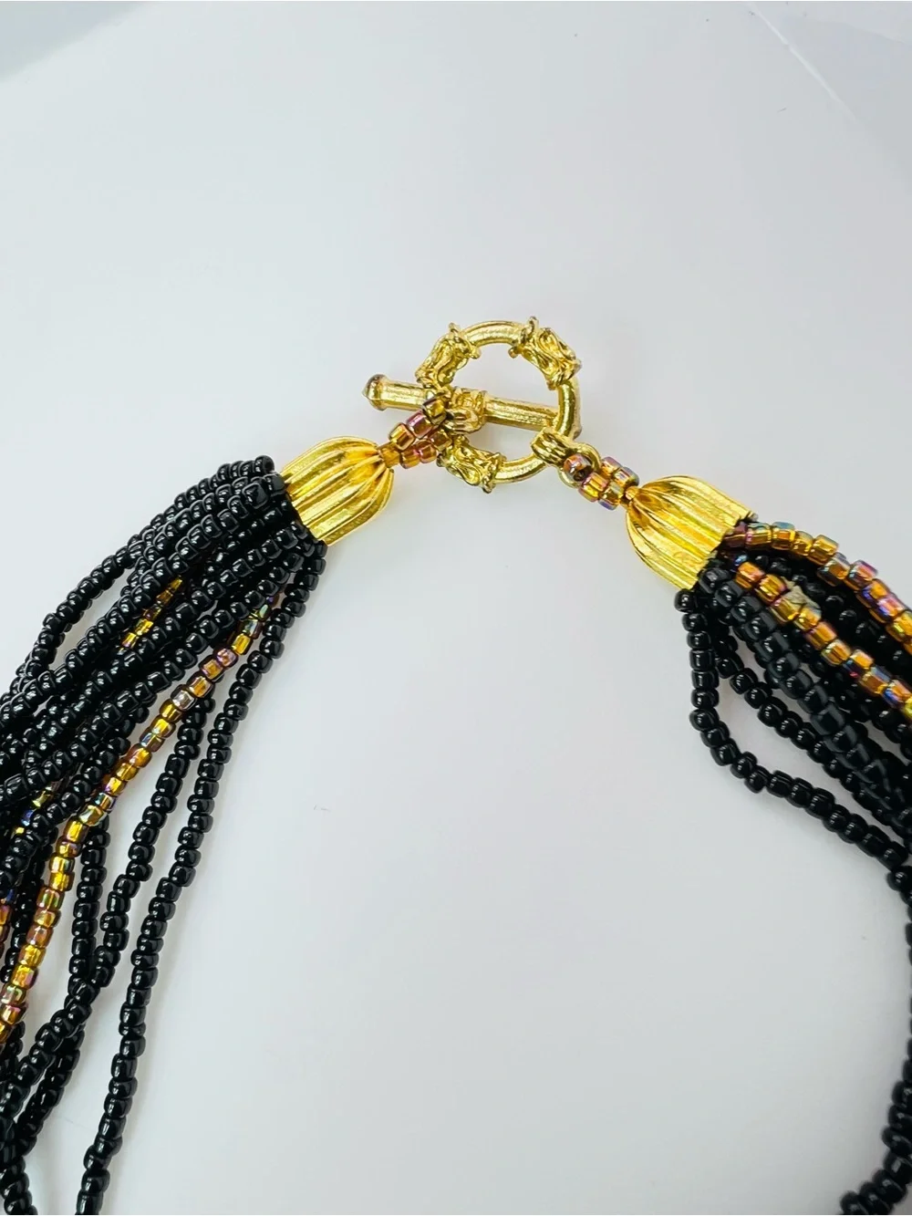 Vintage Multi Strand Black Glass Bead Cameo Necklace Victorian Revival 28”